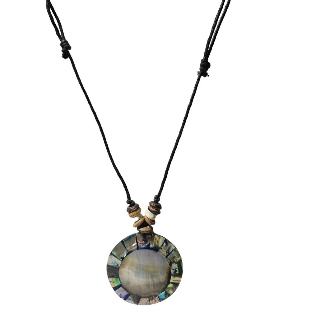 Handmade Abalone Shell Pendant Necklace Wood Beads Cord Boho Beach Core Jewelry